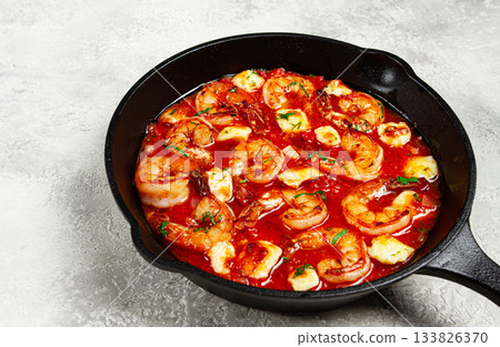 Greek saganaki, in an iron pan, saganaki with shrimp, shrimp in tomato sauce, with pepper and feta cheese, homemade, no people, Greek saganaki, in an iron pan, saganaki with shrimp, shrimp in tomato sauce, with pepper and feta cheese, homemade, no people, 133826370