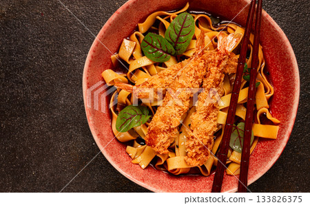 Udon noodles with shrimp in tempura, Japanese cuisine, homemade, no people, 133826375