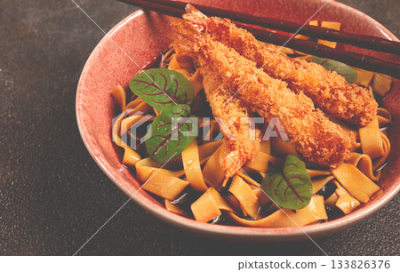 Udon noodles with shrimp in tempura, Japanese cuisine, homemade, no people, 133826376