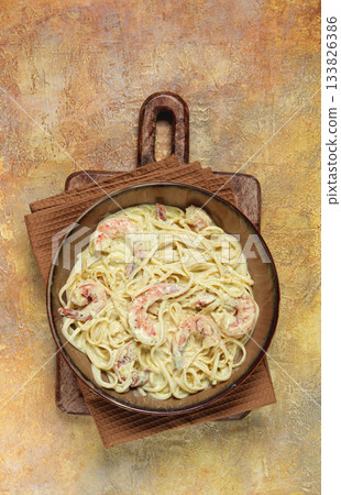 spaghetti with shrimp, in cream sauce, homemade, no people, spaghetti with shrimp, in cream sauce, homemade, no people, 133826386