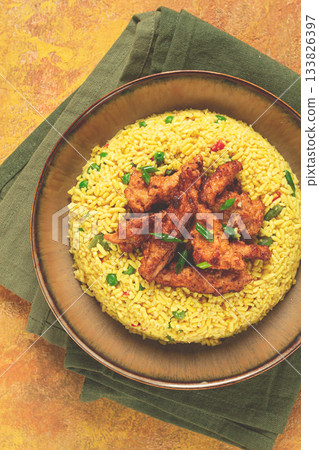 crispy chicken fillet in soy sauce, with fried rice, homemade, no people, crispy chicken fillet in soy sauce, with fried rice, homemade, no people, 133826397
