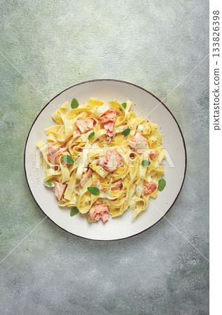 tagliatelle pasta, in cream sauce with salmon, homemade, no people, 133826398