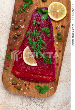Salmon gravlax with beetroot, Scandinavian snack, beet gravlax, lightly salted fish, homemade, no people, 133826413