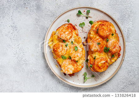 sandwiches with shrimp and cheese, baked in the oven, with microgreens, breakfast, homemade, no people, 133826418