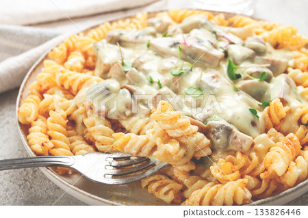 fusilli pasta, with champignons, in creamy garlic sauce, with herbs and spices, sauce, no people, 133826446