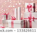Group of Wrapped Presents with Pink Ribbons 133826611