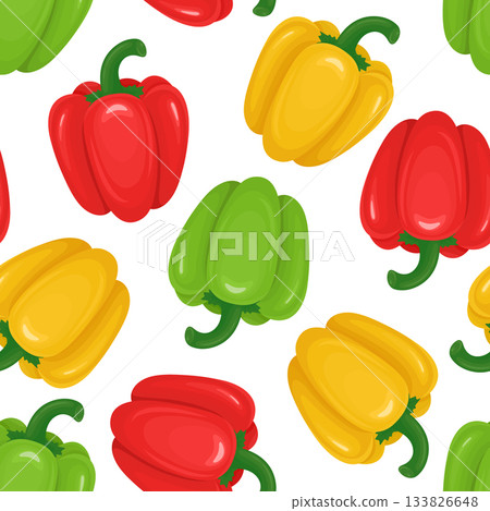 Bell Pepper Seamless Pattern, Vector Illustration. Colorful Bell Pepper Pattern with Red Yellow Green Peppers. Vegetable Pattern, Healthy Food Background for Kitchen Textile, Wrapping Paper, Packaging Bell Pepper Seamless Pattern, Vector Illustration. Colorful Bell Pepper Pattern with Red Yellow Green Peppers. Vegetable Pattern, Healthy Food Background for Kitchen Textile, Wrapping Paper, Packaging 133826648