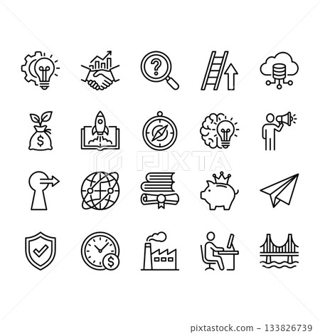 Set of 20 clean line vector icons for business, startup, innovation, strategy, and finance. Modern minimalist outline design perfect for web and apps. 133826739
