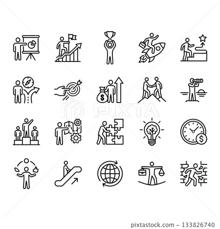 Set of 20 clean line vector icons representing business success, career growth, leadership, goals, strategy, and achievement. Modern outline design isolated on a white background. 133826740