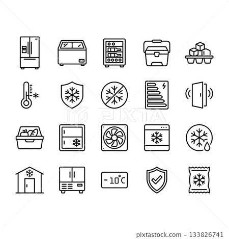 Set of 20 clean line vector icons for refrigeration and cold storage. Includes fridge, freezer, ice, thermometer, and temperature symbols. Isolated outline design. 133826741