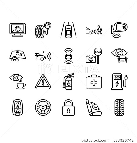 Set of 20 clean line vector icons related to car safety, driver assistance systems, and vehicle technology. Minimalist black outline design on white background. Set of 20 clean line vector icons related to car safety, driver assistance systems, and vehicle technology. Minimalist black outline design on white background. 133826742