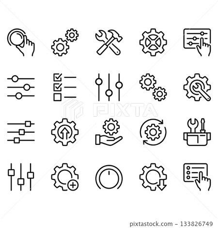 Vector line icons set covering settings, tools, gears, and configuration controls. Clean black outline style suitable for web, app interfaces, and UI UX design projects. 133826749