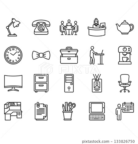 Vector line art icon set for office and business. 20 clean outline symbols including workspace furniture, technology, meeting, and administration elements. 133826750