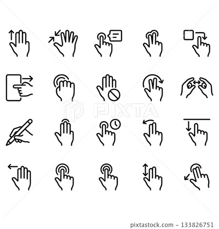20 vector line icons depicting touchscreen hand gestures. Outline symbols for mobile UI actions like tap, swipe, pinch, scroll, multi-touch, and stylus use. Clean black strokes. 20 vector line icons depicting touchscreen hand gestures. Outline symbols for mobile UI actions like tap, swipe, pinch, scroll, multi-touch, and stylus use. Clean black strokes. 133826751