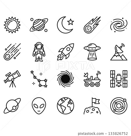 20 vector line icons depicting outer space, astronomy, and cosmic exploration. Outline symbols for planets, rockets, astronauts, telescopes, and celestial phenomena. 20 vector line icons depicting outer space, astronomy, and cosmic exploration. Outline symbols for planets, rockets, astronauts, telescopes, and celestial phenomena. 133826752