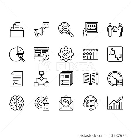 Set of 20 clean line vector icons for business, feedback, surveys, and analysis. Includes ratings, charts, documents, and process symbols. Isolated outline design. Set of 20 clean line vector icons for business, feedback, surveys, and analysis. Includes ratings, charts, documents, and process symbols. Isolated outline design. 133826753