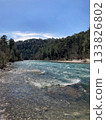The strong stream of the mountain river comes down from the mountains crystal clear and icy  133826802