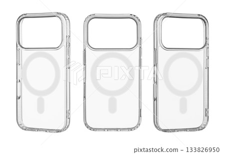 set Clear soft silicone case with magnetic ring for smartphone model 17 Pro, isolated on white set Clear soft silicone case with magnetic ring for smartphone model 17 Pro, isolated on white 133826950