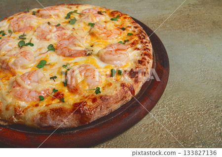 four cheese pizza with shrimp and fresh microgreens, served on a wooden board, homemade, no people, four cheese pizza with shrimp and fresh microgreens, served on a wooden board, homemade, no people, 133827136