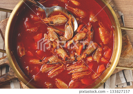 French shrimp bisque soup, in a pot, close-up, no people, 133827157