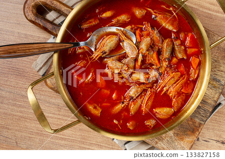French shrimp bisque soup, in a pot, close-up, no people, French shrimp bisque soup, in a pot, close-up, no people, 133827158