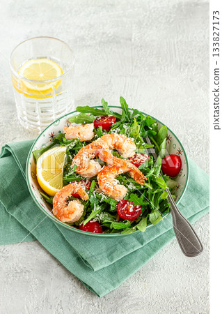 Shrimp salad with arugula and cherry tomatoes, with parmesan cheese, healthy food, 133827173