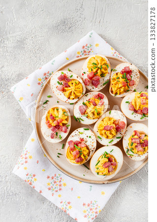 Spicy, stuffed ramen eggs, with bacon and green onions, homemade, no people, Spicy, stuffed ramen eggs, with bacon and green onions, homemade, no people, 133827178