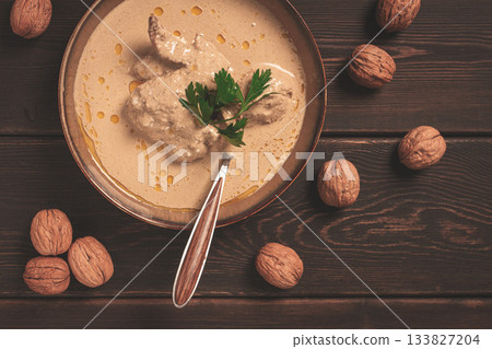 Satsivi, Georgian dish, chicken in nut sauce, cold appetizer,rustic, no people, homemade, Satsivi, Georgian dish, chicken in nut sauce, cold appetizer,rustic, no people, homemade, 133827204