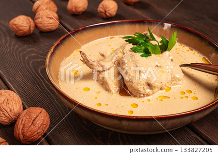 Satsivi, Georgian dish, chicken in nut sauce, cold appetizer,rustic, no people, homemade, 133827205