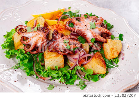 Grilled octopus with baked potatoes and fresh herbs, on a decorative light plate, homemade, no people Grilled octopus with baked potatoes and fresh herbs, on a decorative light plate, homemade, no people 133827207