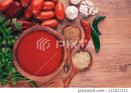 Georgian sauce, Satsebeli sauce, tomato and sweet pepper sauce, with spices, in a wooden bowl, homemade, no people, 133827215