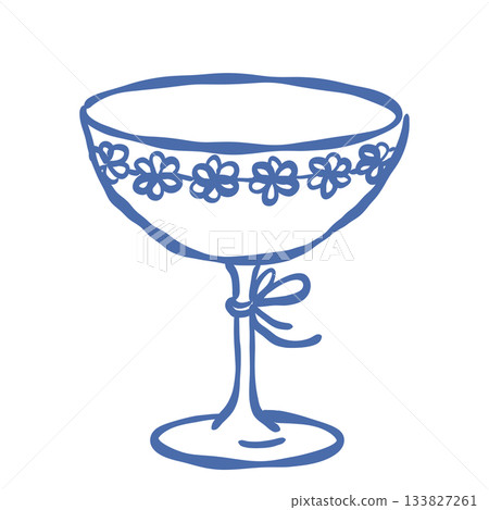 Vintage champagne coupe floral rim Paris New Year elegant line art illustration sparkling festive aesthetic Parisian celebration design 133827261