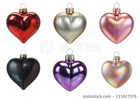 Collection of colorful heart-shaped ornaments in various textures and pastel shades, scattered for a valentine's day or love-themed design 133827376