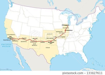 U.S. Route 66, or U.S. Highway 66, the Mother Road, political map. Also Will Rogers Highway, and Main Street of America, a historic route from Chicago, Illinois, to Santa Monica, California. Vector 133827611
