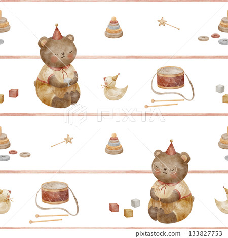 Pattern teddy bear with vintage toys, drum, cubes, pyramid on red stripes. Hand-drawn watercolor illustration in children's style. Print isolated from background for design textiles clothing wallpaper Pattern teddy bear with vintage toys, drum, cubes, pyramid on red stripes. Hand-drawn watercolor illustration in children's style. Print isolated from background for design textiles clothing wallpaper 133827753