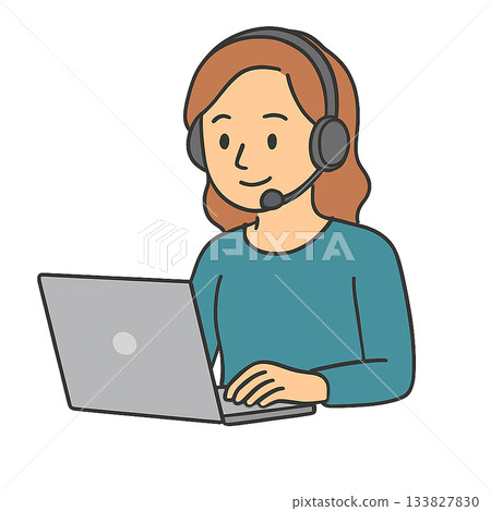 一位女士在筆記型電腦上工作的插圖（透明背景，用於演示材料） 133827830