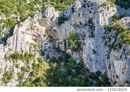 The hermitage of Saint-Antoine de Galamus, located within the gorges of Galamus, Aude, Eastern Pyrenees in France 133828029