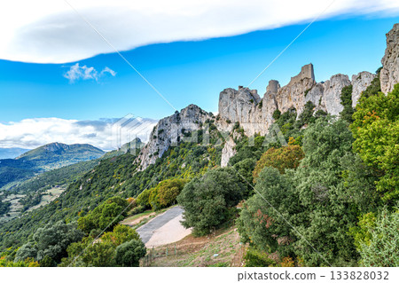 The Cathar medieval castle of Peyrepertuse in the Aude department, southern France situated in the French Pyrenees 133828032