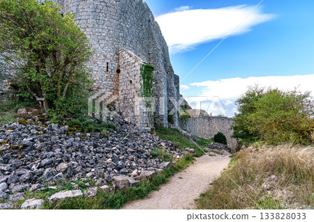 The Cathar medieval castle of Peyrepertuse in the Aude department, southern France situated in the French Pyrenees 133828033