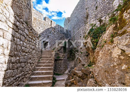The Cathar medieval castle of Peyrepertuse in the Aude department, southern France situated in the French Pyrenees 133828036