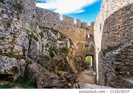 The Cathar medieval castle of Peyrepertuse in the Aude department, southern France situated in the French Pyrenees 133828037