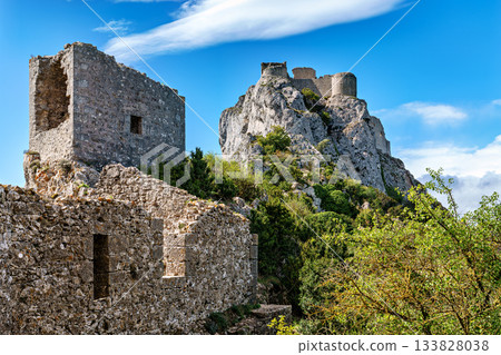 The Cathar medieval castle of Peyrepertuse in the Aude department, southern France situated in the French Pyrenees 133828038