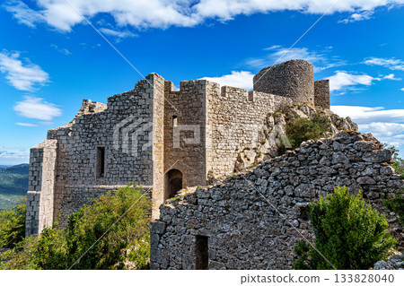 The Cathar medieval castle of Peyrepertuse in the Aude department, southern France situated in the French Pyrenees 133828040