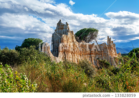 The Organs of Ille sur Tet, or fairy chimneys, in the Pyrenees Orientales, in Catalonia, in Occitanie, France 133828059