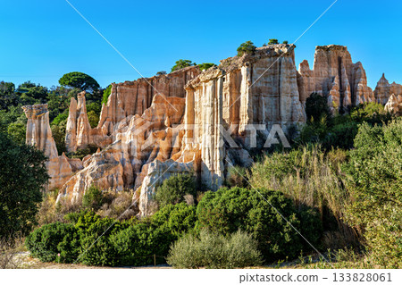 The Organs of Ille sur Tet, or fairy chimneys, in the Pyrenees Orientales, in Catalonia, in Occitanie, France The Organs of Ille sur Tet, or fairy chimneys, in the Pyrenees Orientales, in Catalonia, in Occitanie, France 133828061