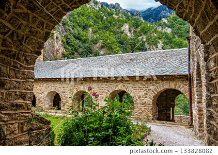 Abbey of Saint Martin du Canigou. Pyrenees-Orientales department in France, founded by monks of the Benedictine order 133828082