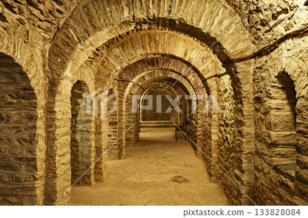 Abbey of Saint Martin du Canigou. Pyrenees-Orientales department in France, founded by monks of the Benedictine order 133828084