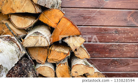 Neatly stacked birch firewood logs against a textured brown wooden wall. Rustic natural background for design 133828594