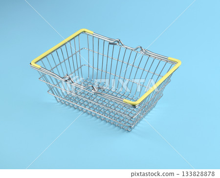 Close up of empty chrome wire basket on blue background for online shopping concept Close up of empty chrome wire basket on blue background for online shopping concept 133828878