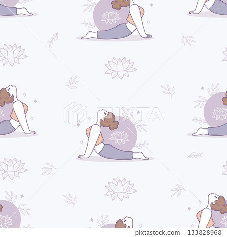Cute Girl Yoga Seamless Pattern. Woman Athlete Doing Pilates, Stretching the Back on Light background with Lotus. Hand-Drawn Doodle in pastel colors. Vector Illustration. Not AI Cute Girl Yoga Seamless Pattern. Woman Athlete Doing Pilates, Stretching the Back on Light background with Lotus. Hand-Drawn Doodle in pastel colors. Vector Illustration. Not AI 133828968